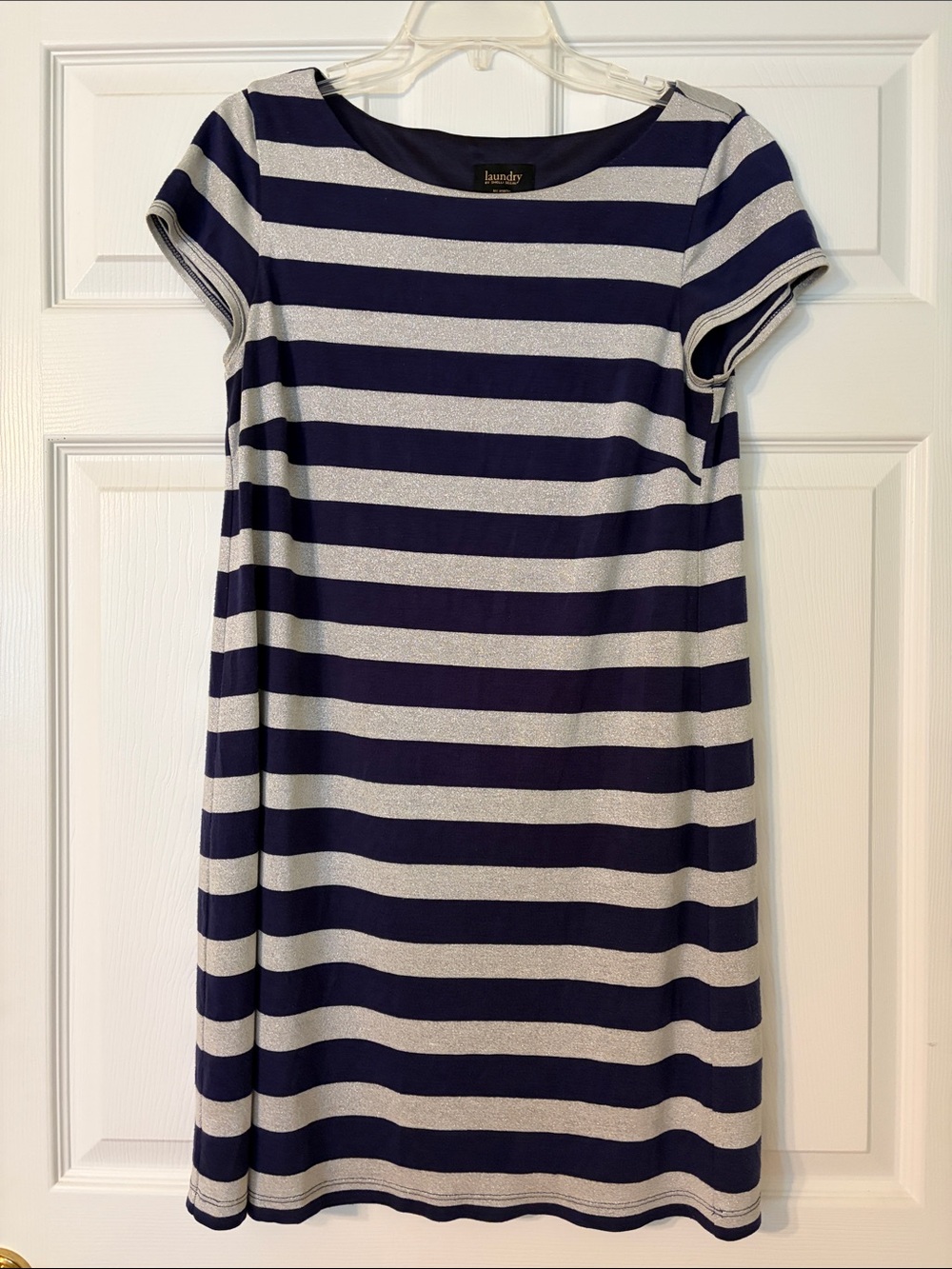 Laundry by Shelli Segal Navy and Silver Striped A-Line Tee Dress